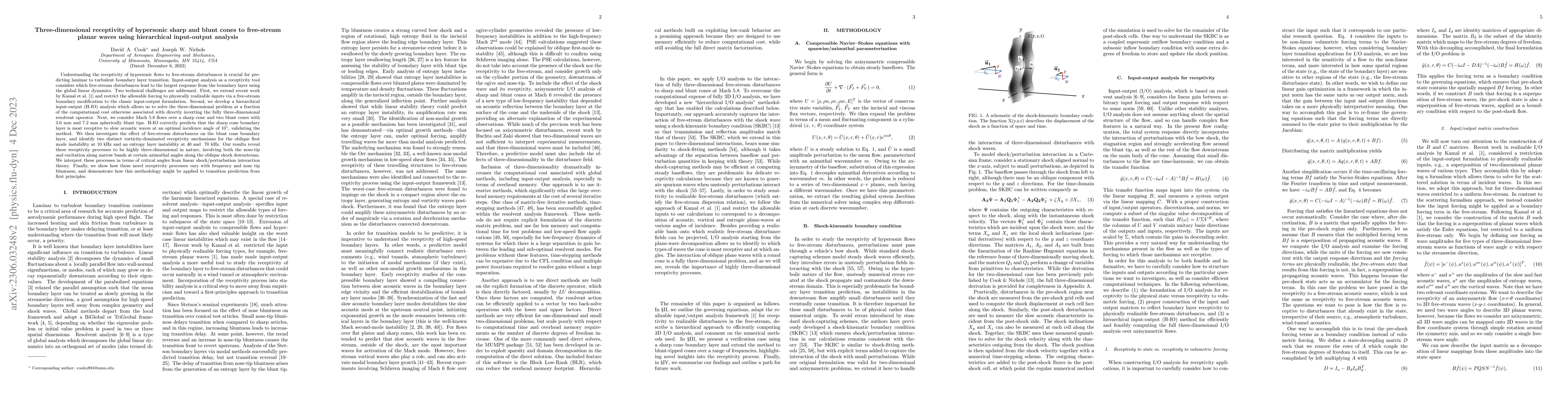 Thumbnail for Three-dimensional receptivity of hypersonic sharp and blunt cones to
  free-stream planar waves using hierarchical input-output analysis