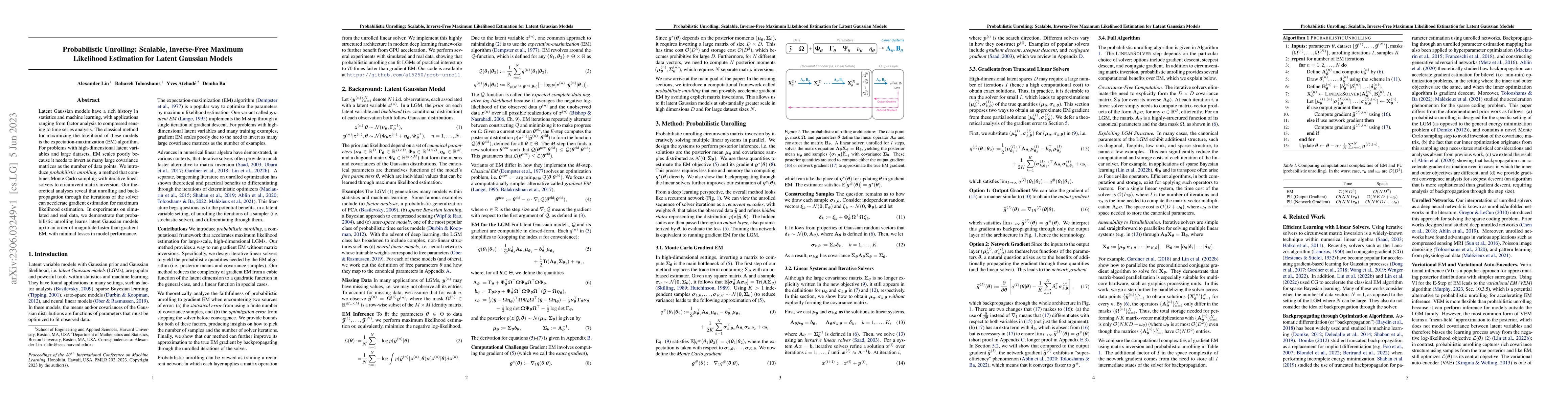 Thumbnail for Probabilistic Unrolling: Scalable, Inverse-Free Maximum Likelihood
  Estimation for Latent Gaussian Models