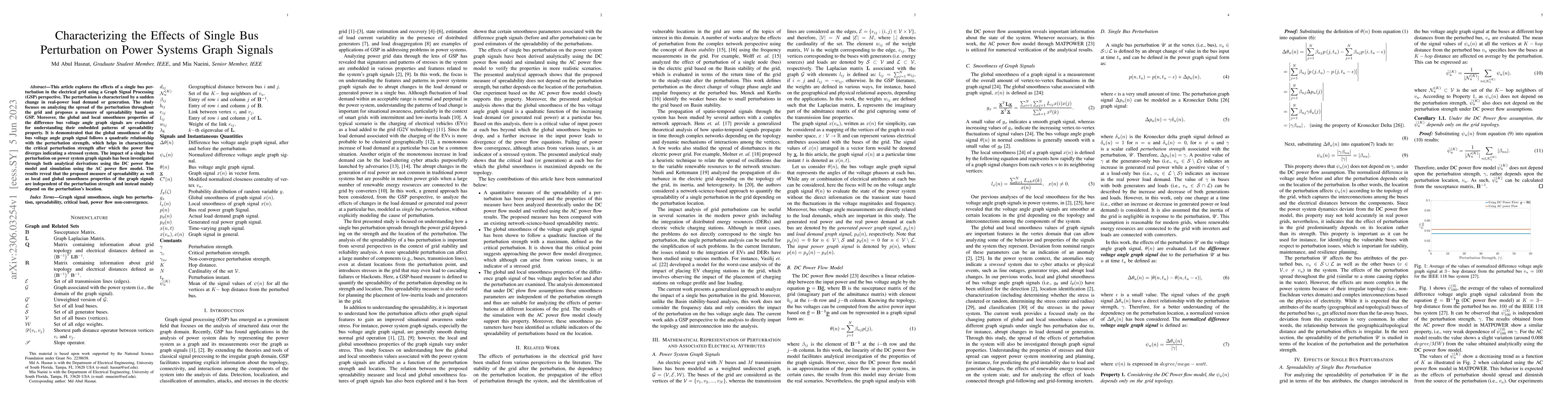 Thumbnail for Characterizing the Effects of Single Bus Perturbation on Power Systems
  Graph Signals