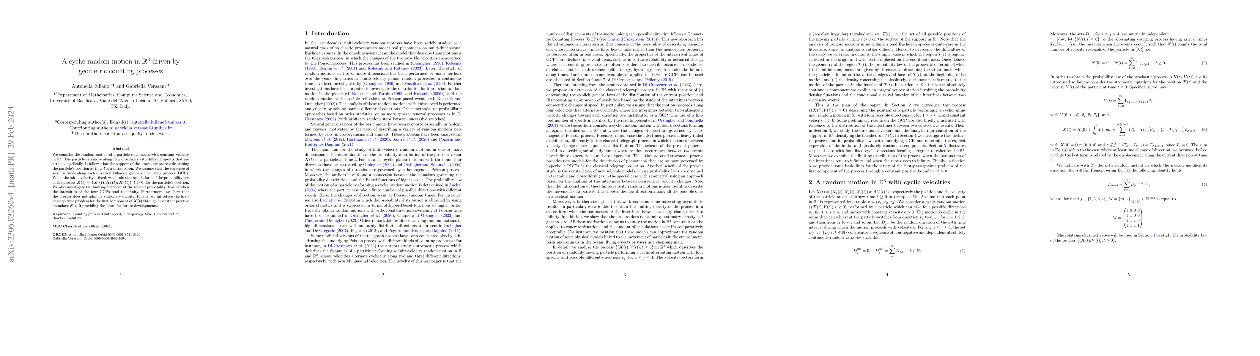 Thumbnail for A cyclic random motion in $\mathbb{R}^3$ driven by geometric counting
  processes