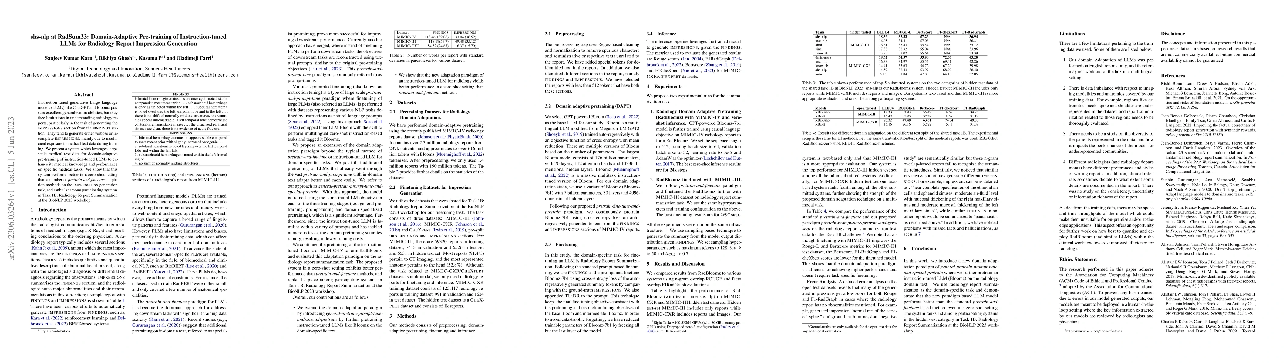 Thumbnail for shs-nlp at RadSum23: Domain-Adaptive Pre-training of Instruction-tuned
  LLMs for Radiology Report Impression Generation