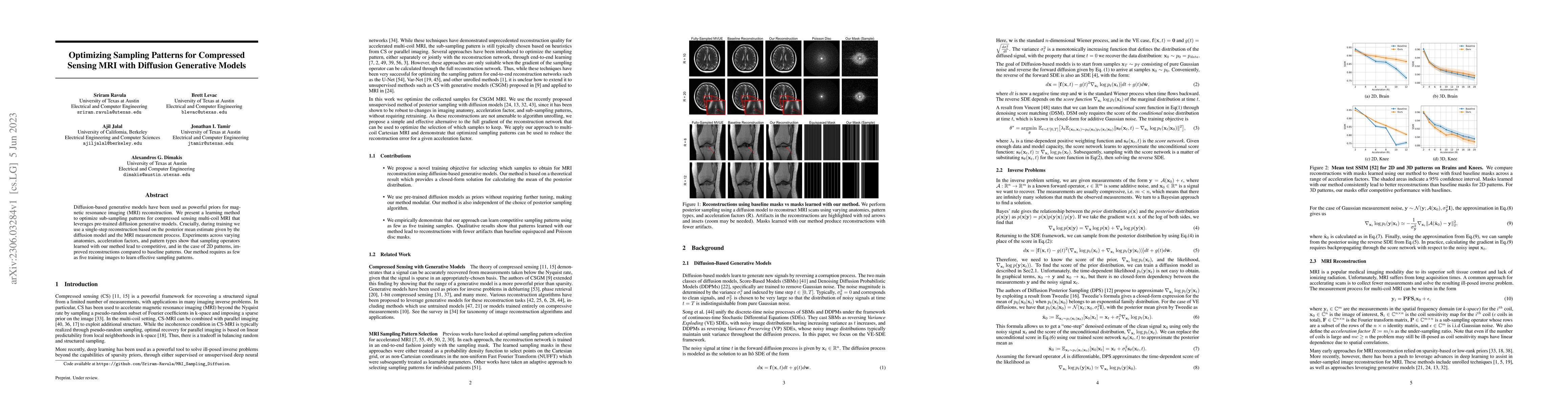 Thumbnail for Optimizing Sampling Patterns for Compressed Sensing MRI with Diffusion
  Generative Models