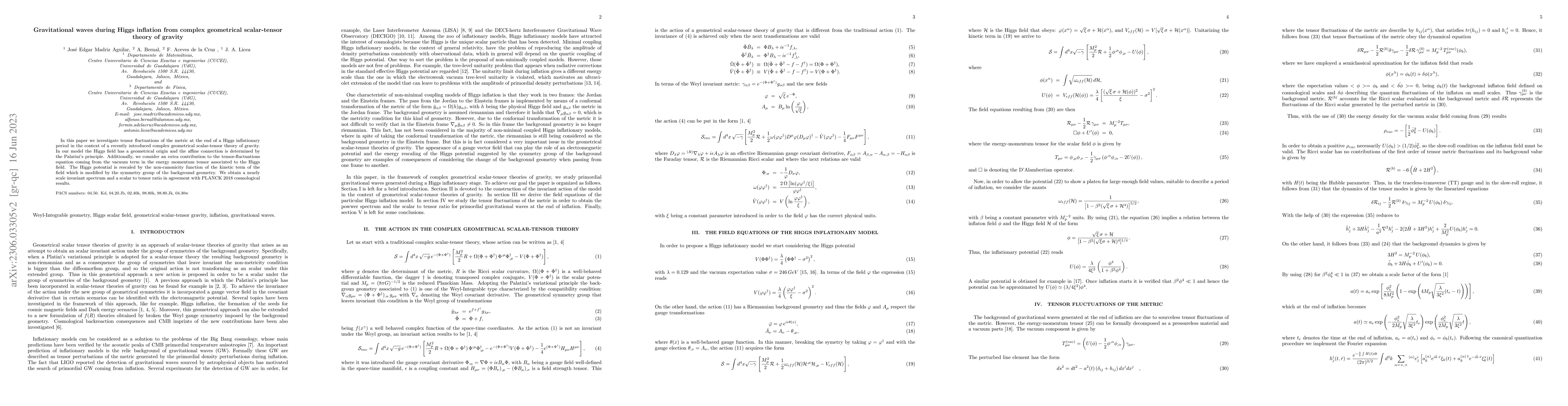 Thumbnail for Gravitational waves during Higgs inflation from complex geometrical
  scalar-tensor theory of gravity