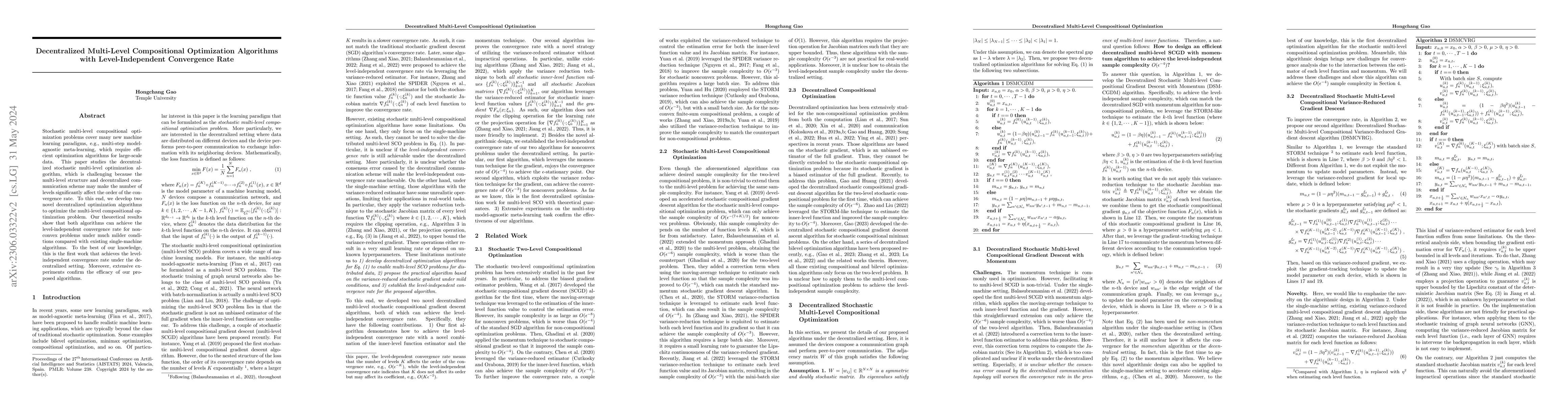 Thumbnail for Decentralized Multi-Level Compositional Optimization Algorithms with
  Level-Independent Convergence Rate