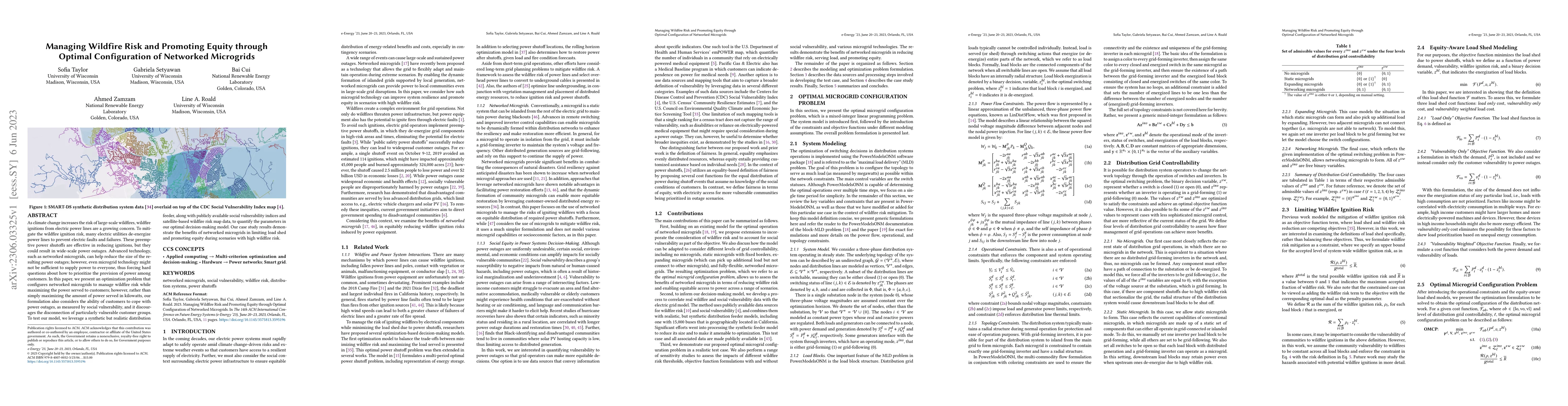 Thumbnail for Managing Wildfire Risk and Promoting Equity through Optimal
  Configuration of Networked Microgrids