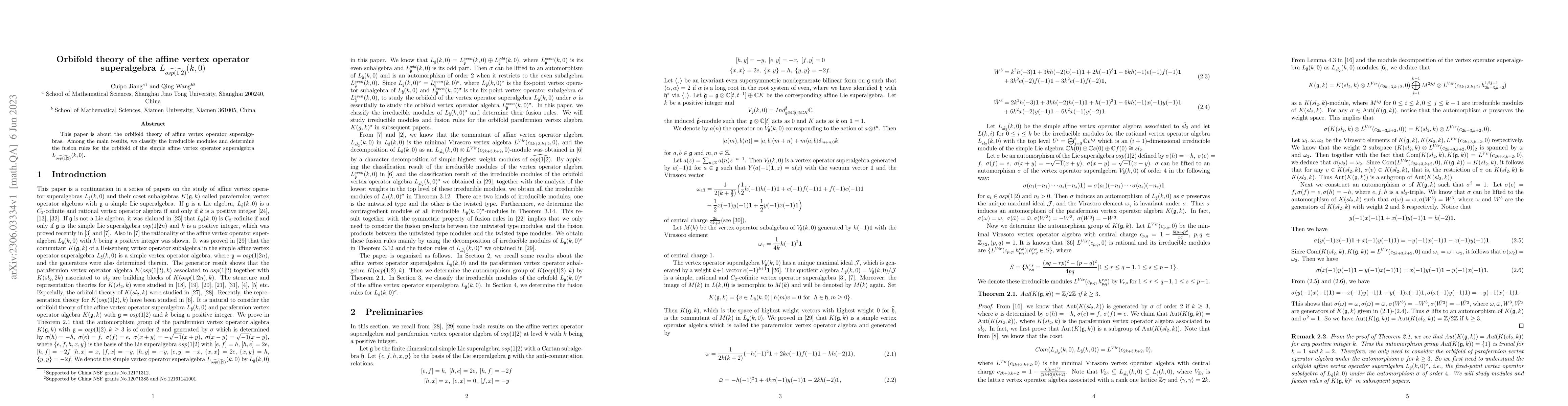 Thumbnail for Orbifold theory of the affine vertex operator superalgebra
  $L_{\widehat{osp(1|2)}}(k,0)$