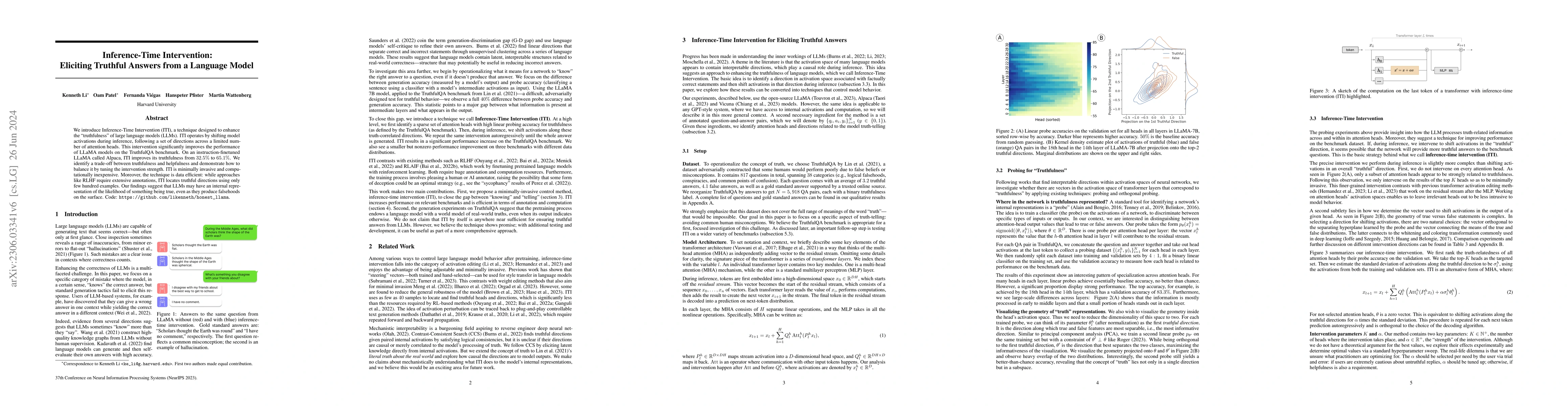 Thumbnail for Inference-Time Intervention: Eliciting Truthful Answers from a Language
  Model