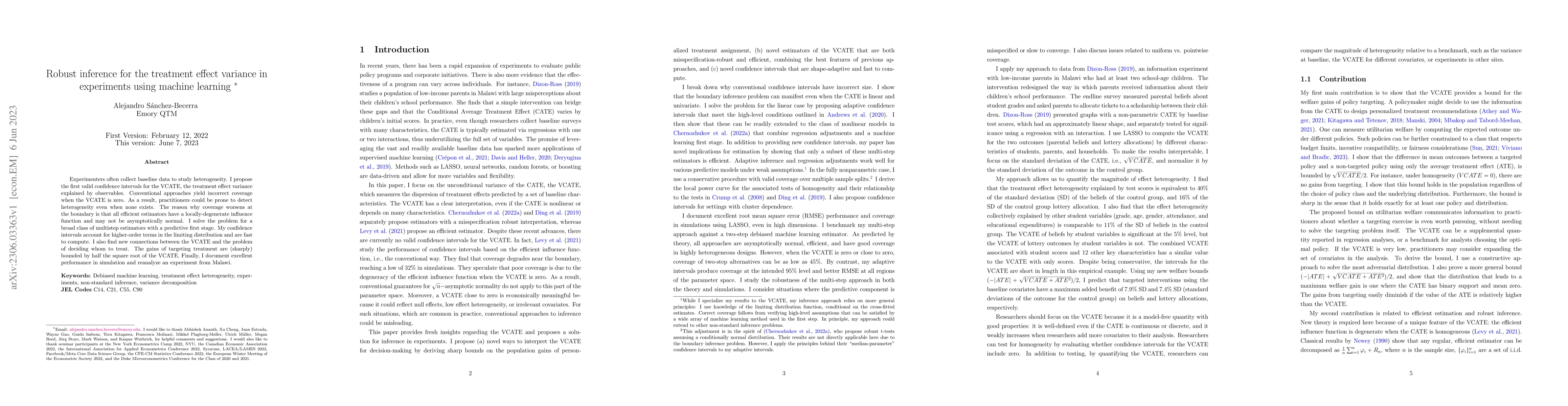 Thumbnail for Robust inference for the treatment effect variance in experiments using
  machine learning