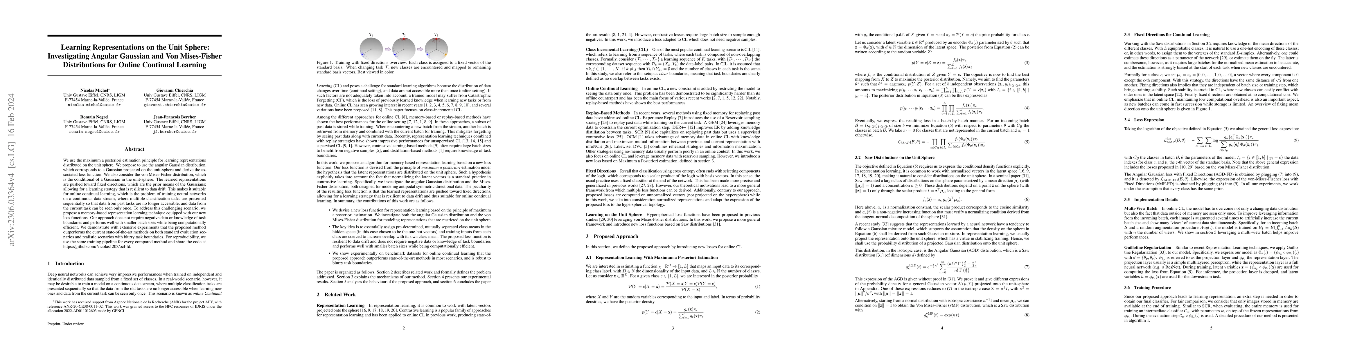 Thumbnail for Learning Representations on the Unit Sphere: Investigating Angular
  Gaussian and von Mises-Fisher Distributions for Online Continual Learning