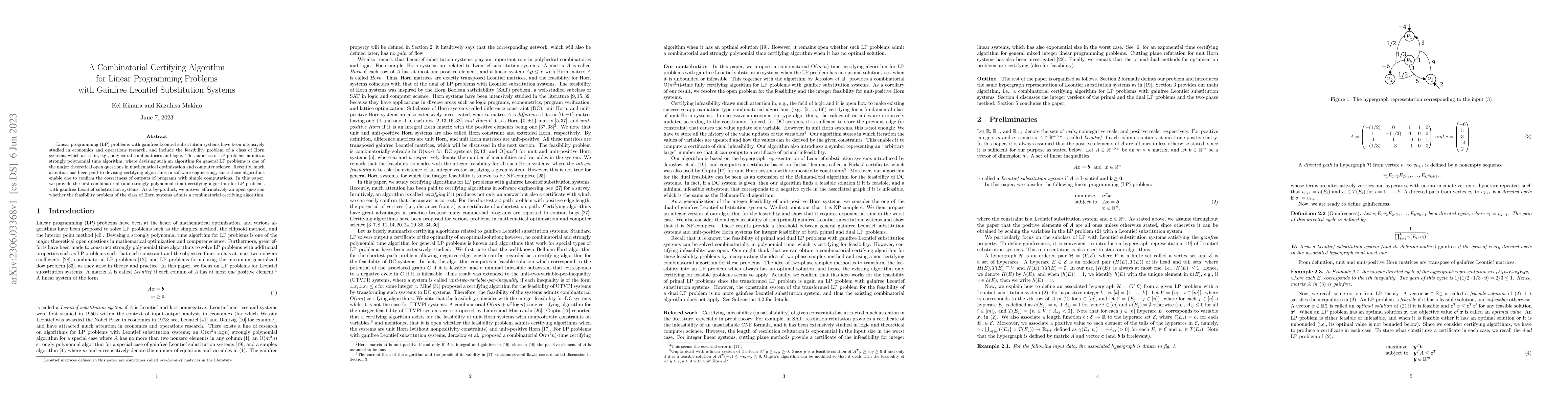 Thumbnail for A Combinatorial Certifying Algorithm for Linear Programming Problems
  with Gainfree Leontief Substitution Systems