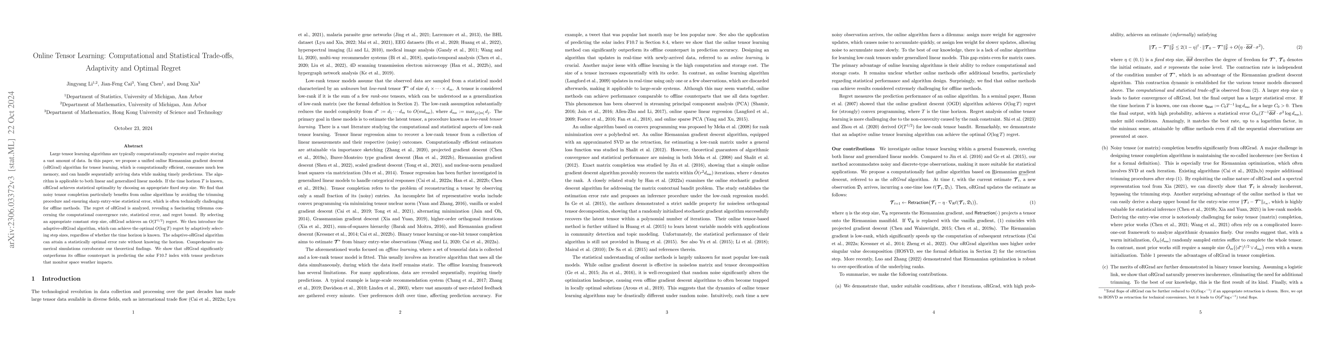Thumbnail for Online Tensor Learning: Computational and Statistical Trade-offs,
  Adaptivity and Optimal Regret