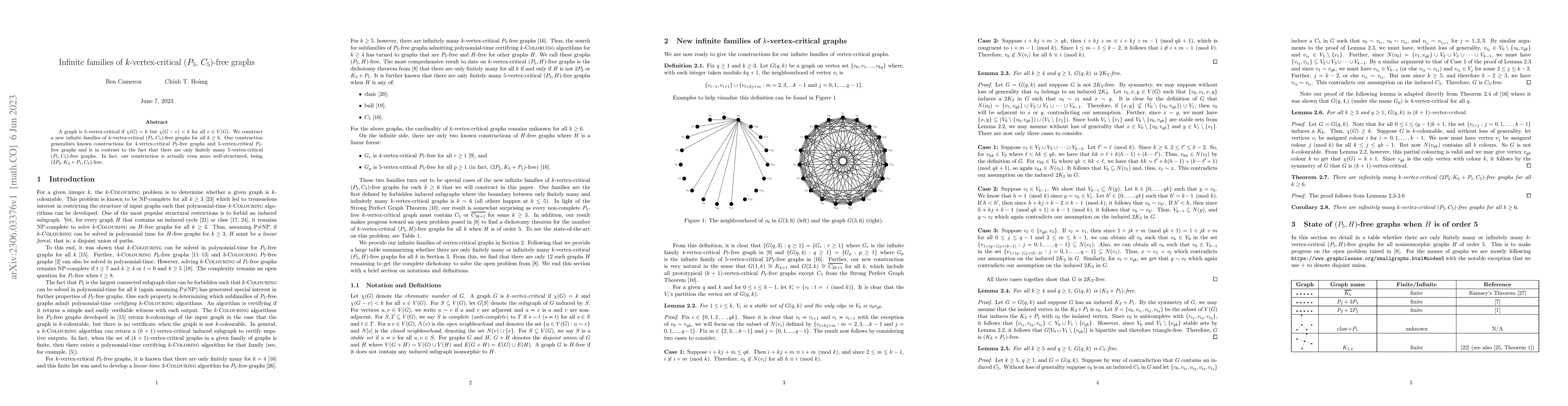 Thumbnail for Infinite families of $k$-vertex-critical ($P_5$, $C_5$)-free graphs