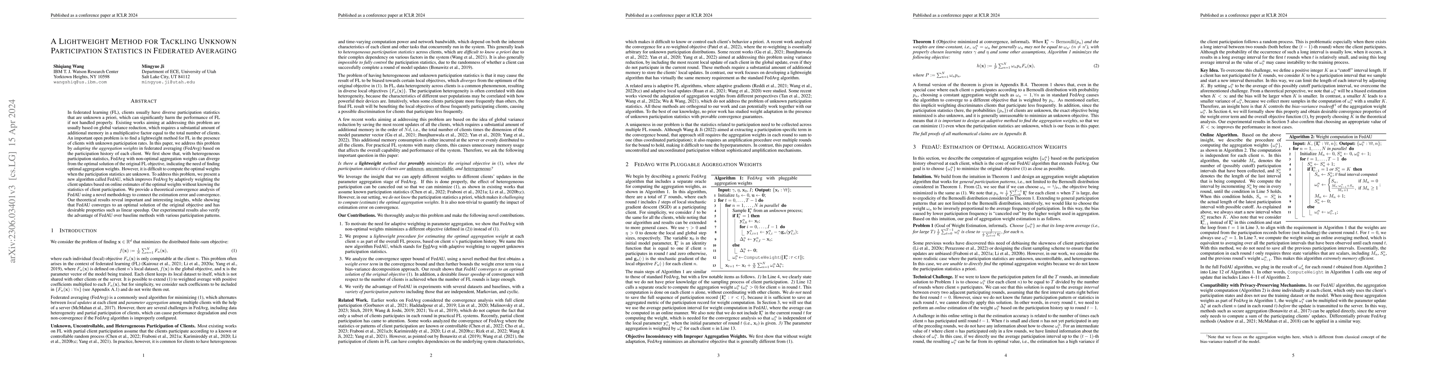 Thumbnail for A Lightweight Method for Tackling Unknown Participation Statistics in
  Federated Averaging
