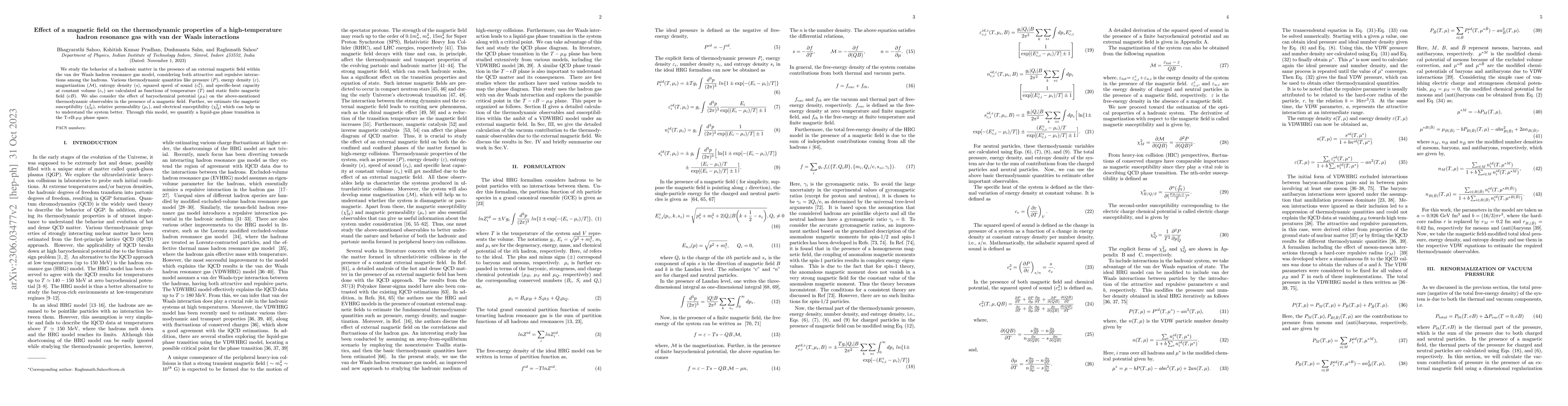 Thumbnail for Effect of a magnetic field on the thermodynamic properties of a
  high-temperature hadron resonance gas with van der Waals interactions
