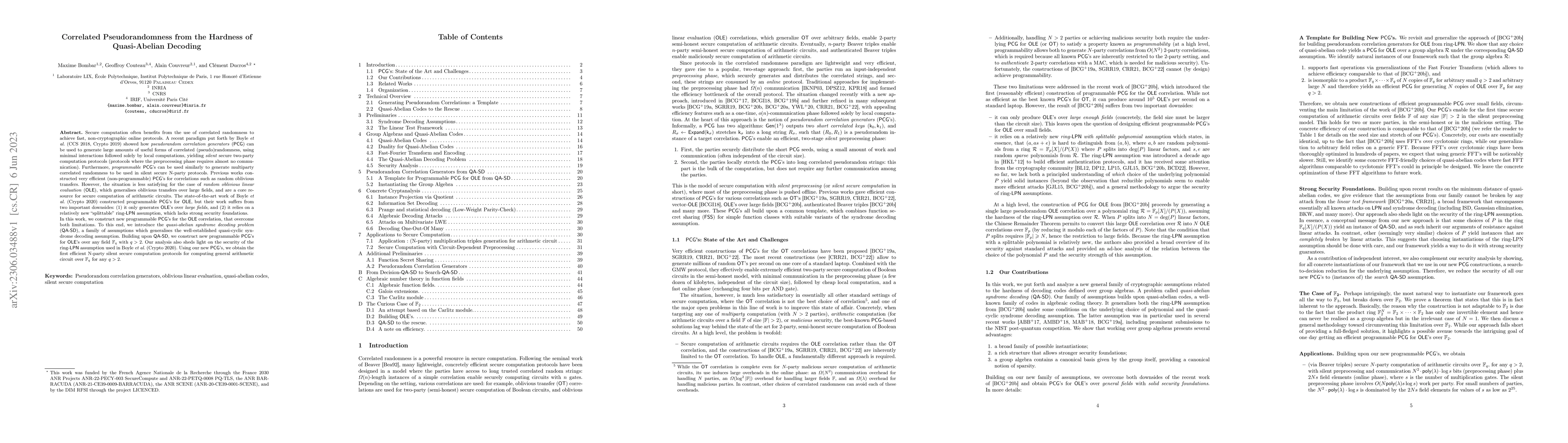 Thumbnail for Correlated Pseudorandomness from the Hardness of Quasi-Abelian Decoding
