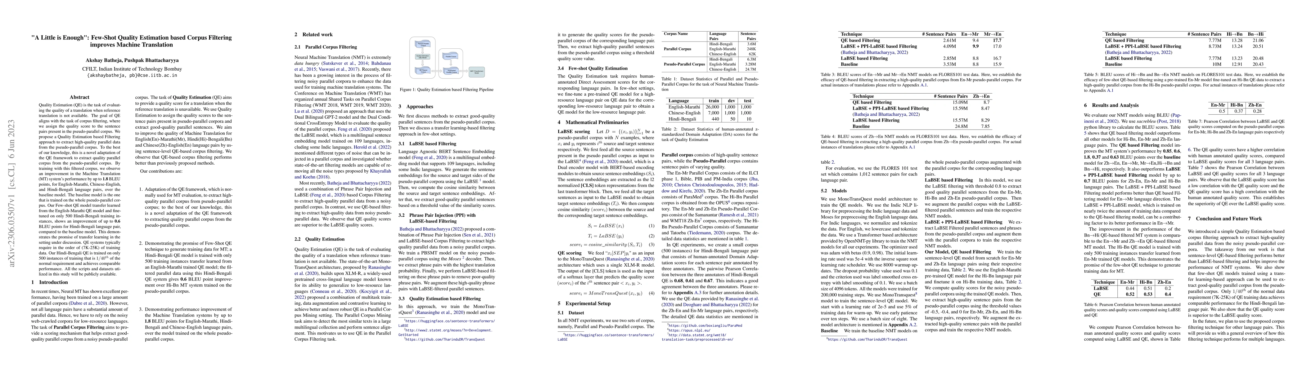 Thumbnail for "A Little is Enough": Few-Shot Quality Estimation based Corpus Filtering
  improves Machine Translation