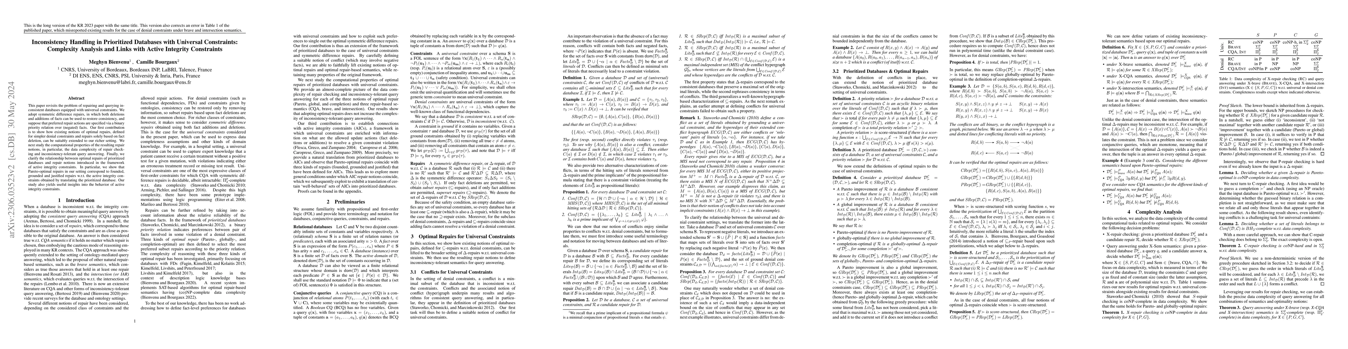 Thumbnail for Inconsistency Handling in Prioritized Databases with Universal
  Constraints: Complexity Analysis and Links with Active Integrity Constraints