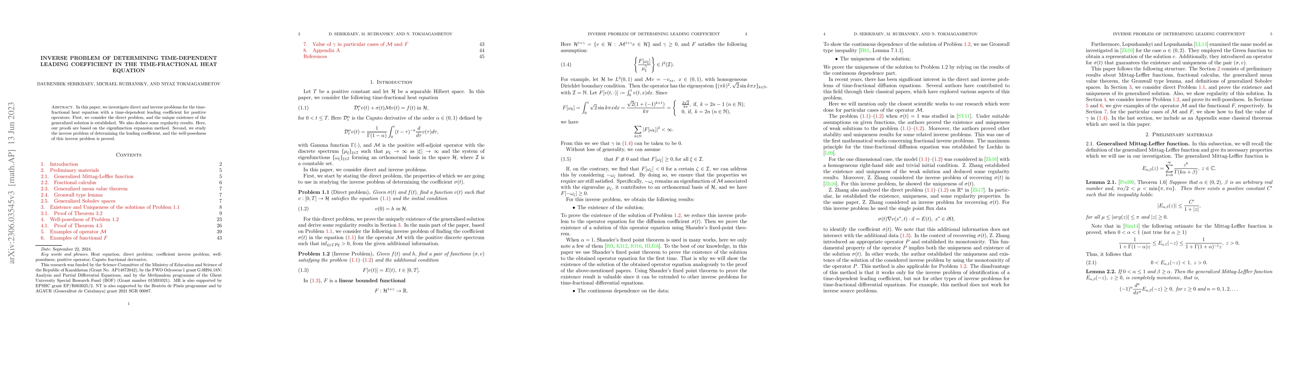 Thumbnail for Inverse problem of determining time-dependent leading coefficient in the
  time-fractional heat equation