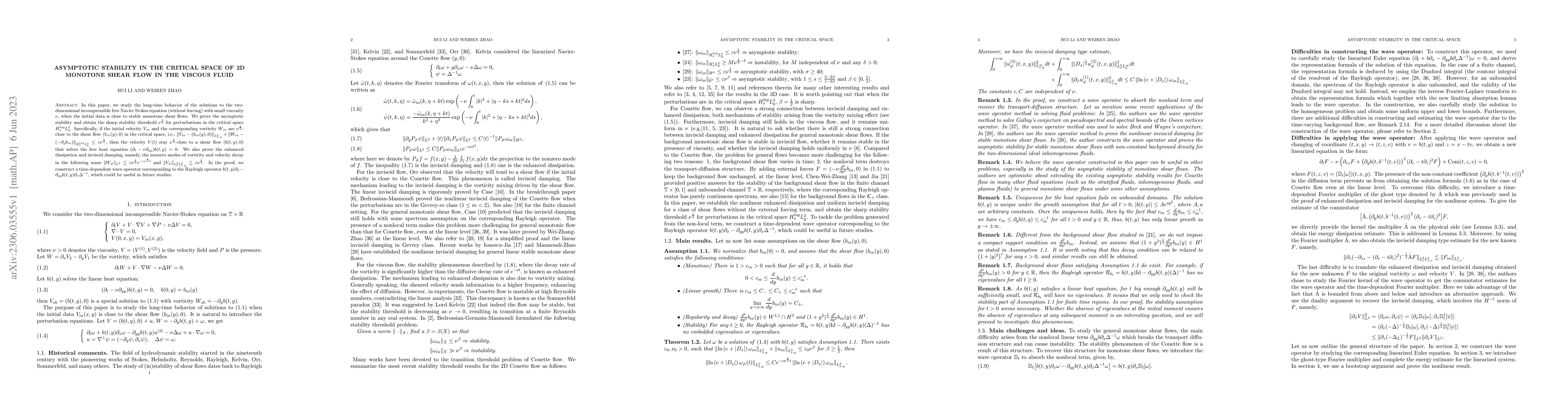 Thumbnail for Asymptotic stability in the critical space of 2D monotone shear flow in
  the viscous fluid