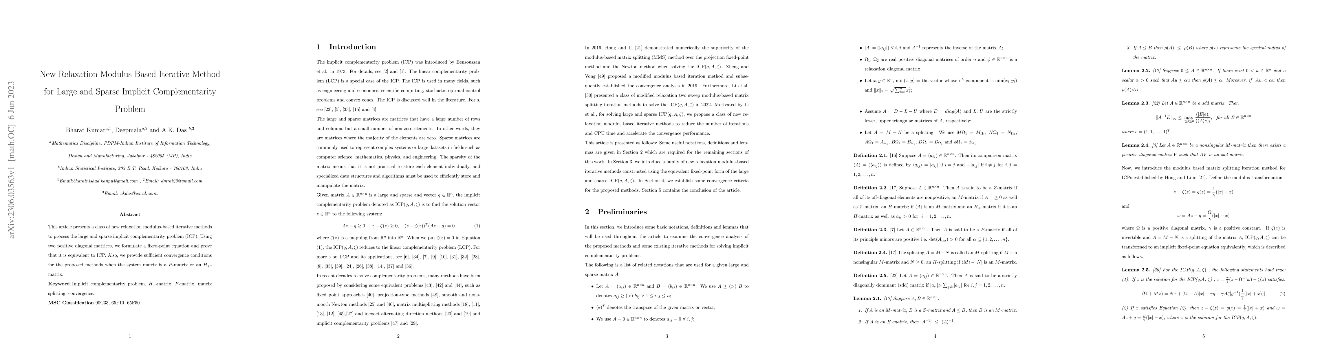 Thumbnail for New Relaxation Modulus Based Iterative Method for Large and Sparse
  Implicit Complementarity Problem