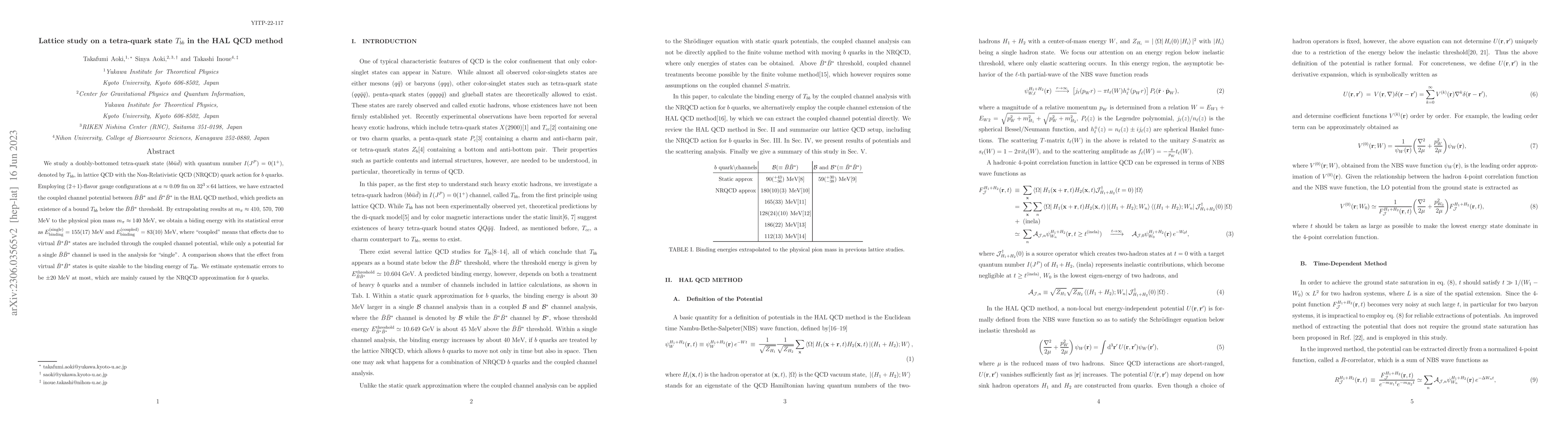 Thumbnail for Lattice study on a tetra-quark state $T_{bb}$ in the HAL QCD method
