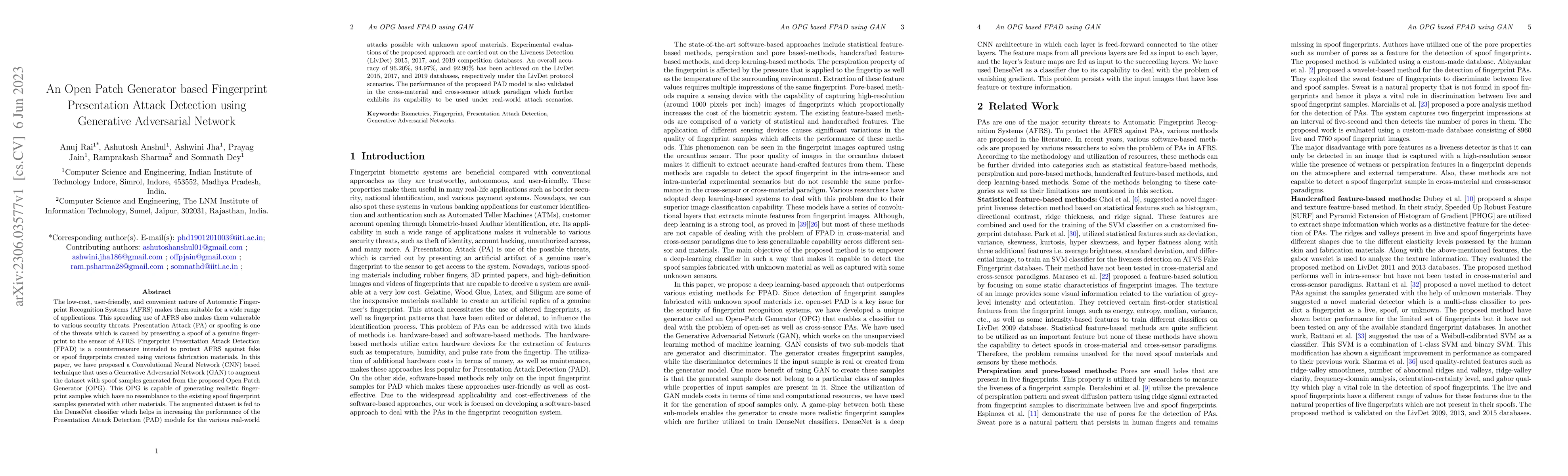 Thumbnail for An Open Patch Generator based Fingerprint Presentation Attack Detection
  using Generative Adversarial Network