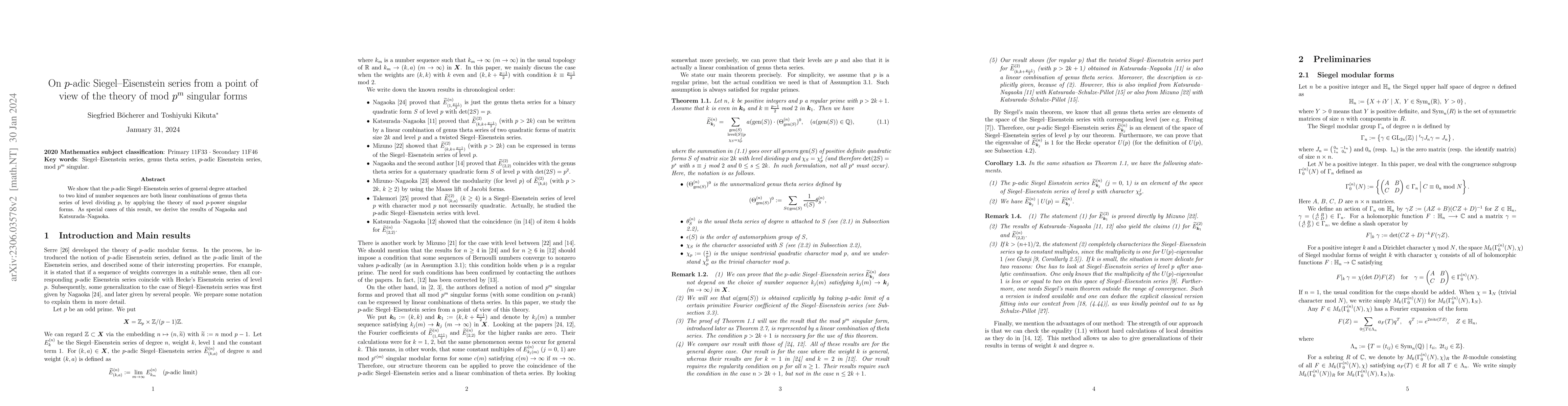 Thumbnail for On $p$-adic Siegel Eisenstein series from a point of view of the theory
  of mod $p^m$ singular forms
