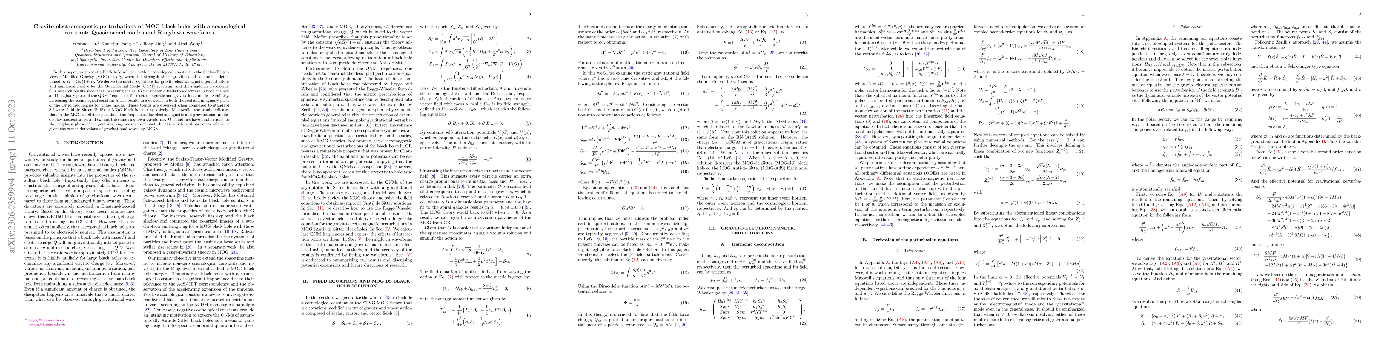 Thumbnail for Gravito-electromagnetic perturbations of MOG black holes with a
  cosmological constant: Quasinormal modes and Ringdown waveforms