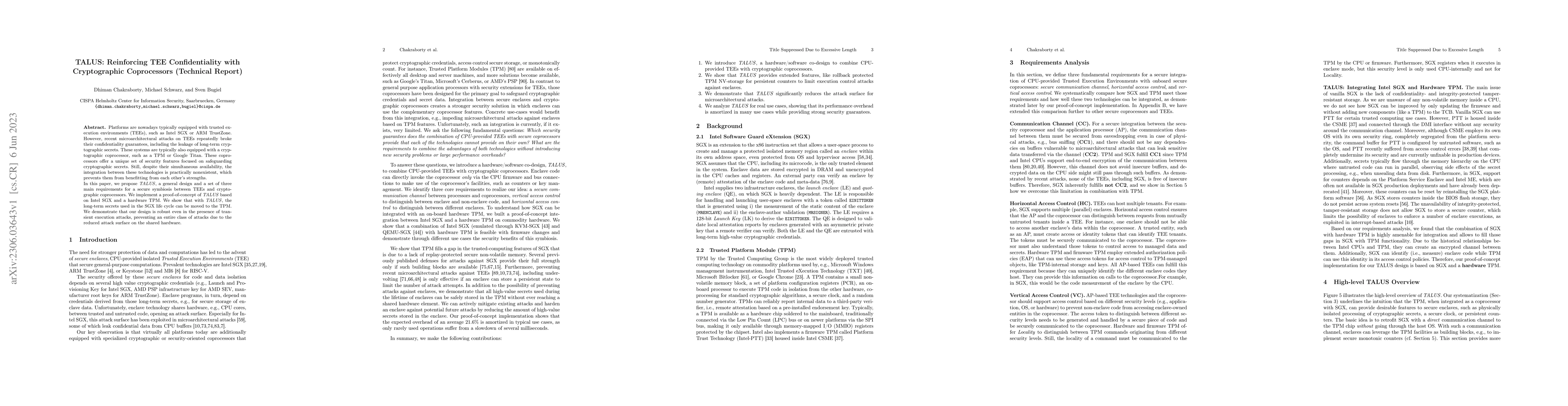 Thumbnail for TALUS: Reinforcing TEE Confidentiality with Cryptographic Coprocessors
  (Technical Report)