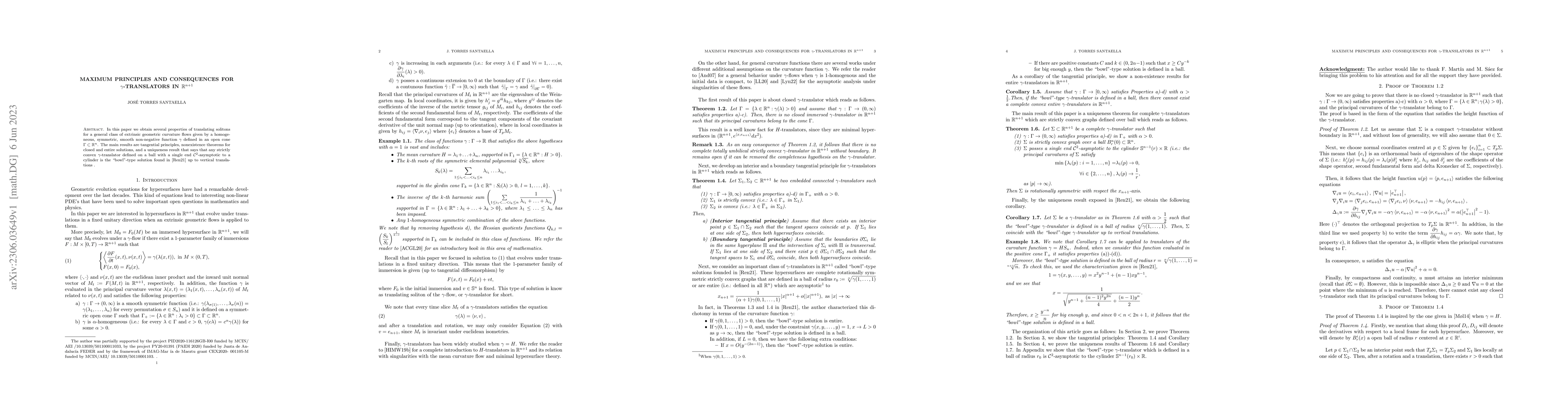 Thumbnail for Maximum Principles and Consequences for $\gamma$-translators in
  $\mathbb{R}^{n+1}$