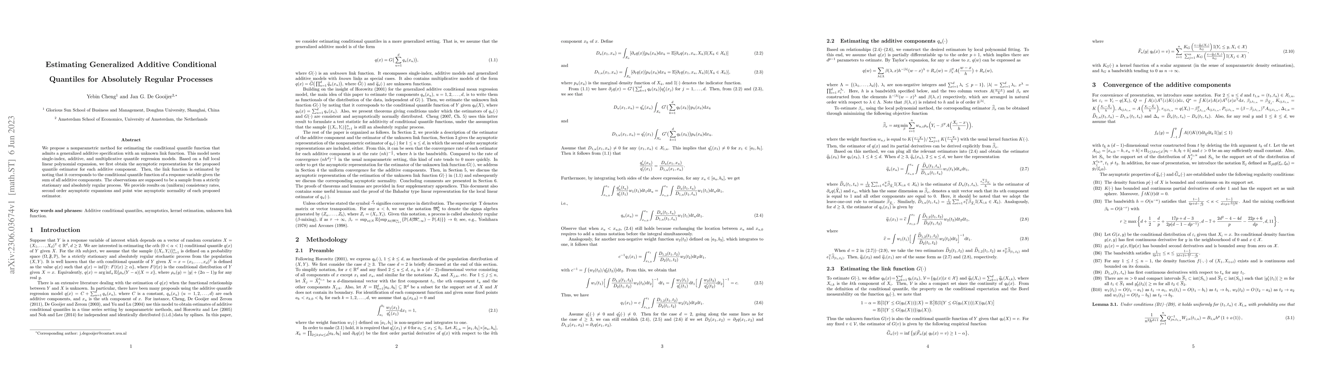 Thumbnail for Estimating Generalized Additive Conditional Quantiles for Absolutely
  Regular Processes