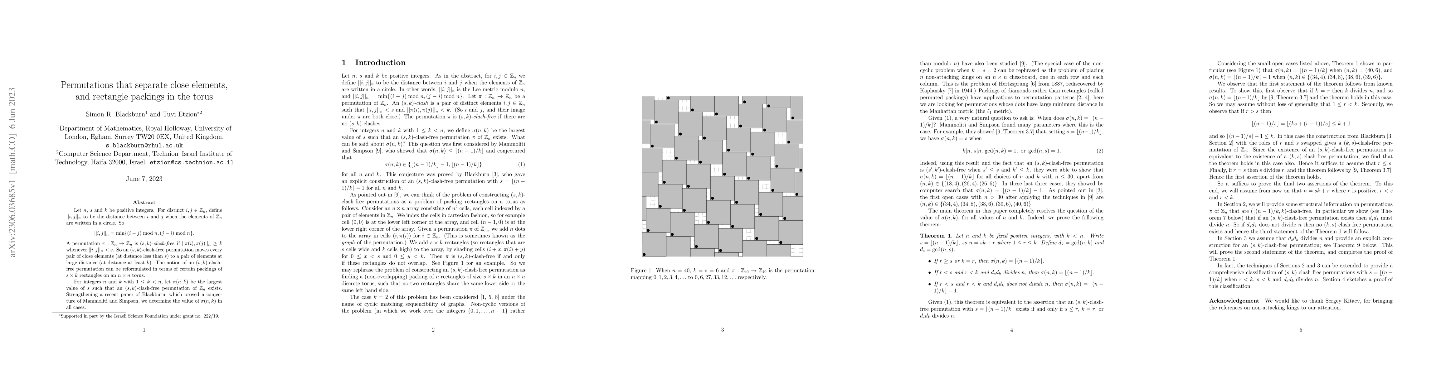 Thumbnail for Permutations that separate close elements, and rectangle packings in the
  torus