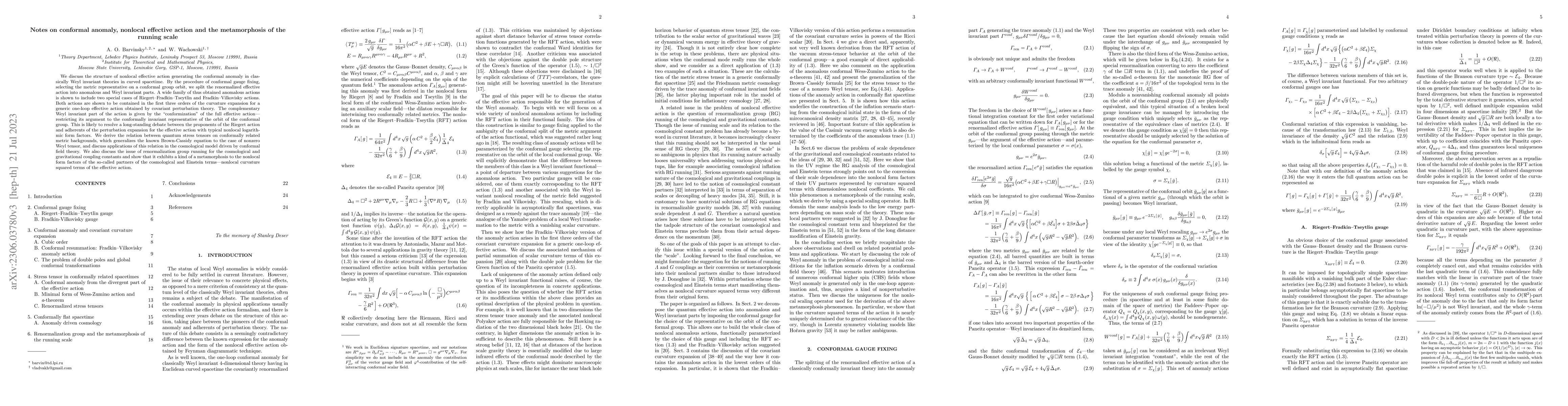 Thumbnail for Notes on conformal anomaly, nonlocal effective action and the
  metamorphosis of the running scale