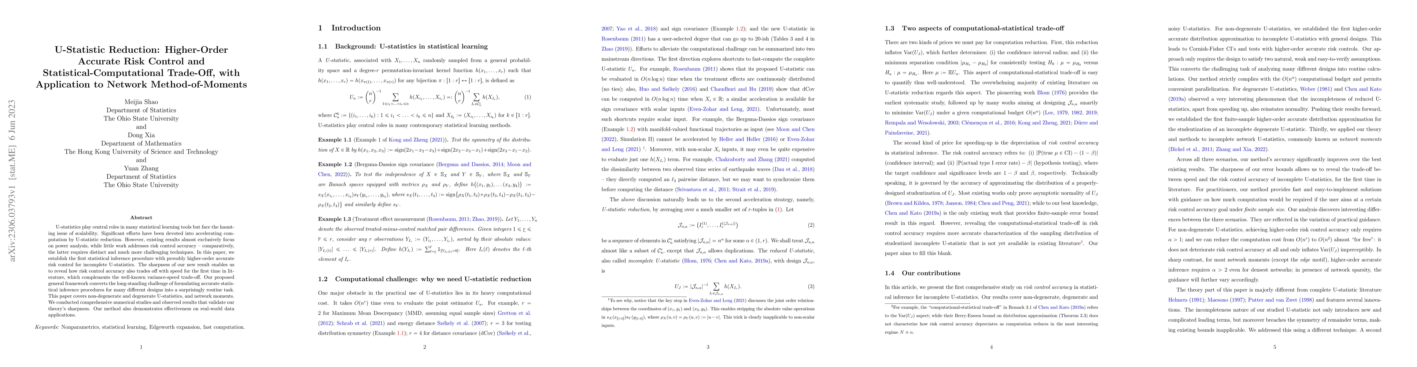 Thumbnail for U-Statistic Reduction: Higher-Order Accurate Risk Control and
  Statistical-Computational Trade-Off, with Application to Network
  Method-of-Moments