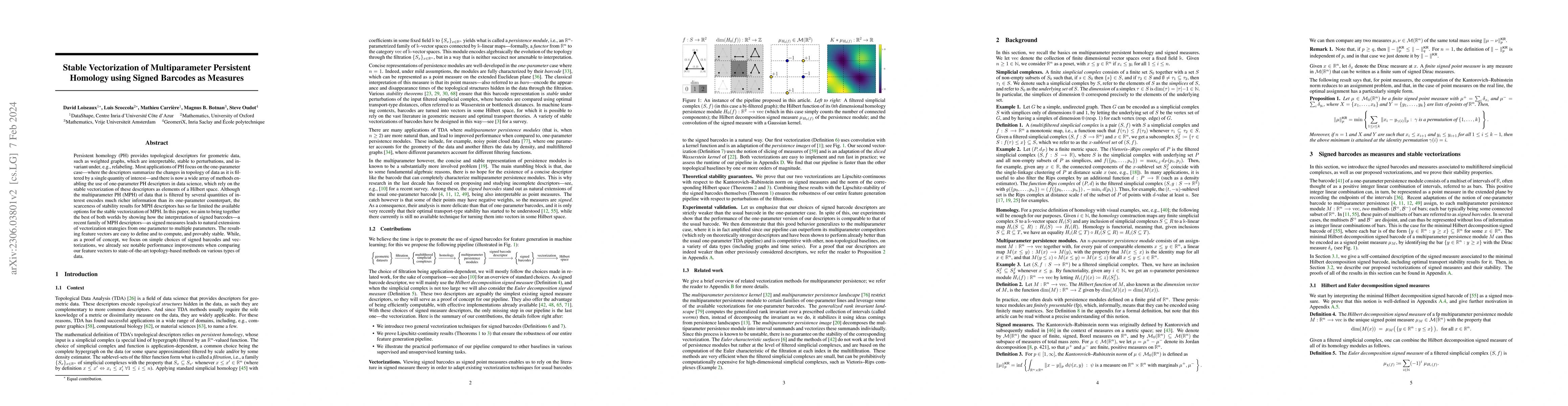 Thumbnail for Stable Vectorization of Multiparameter Persistent Homology using Signed
  Barcodes as Measures