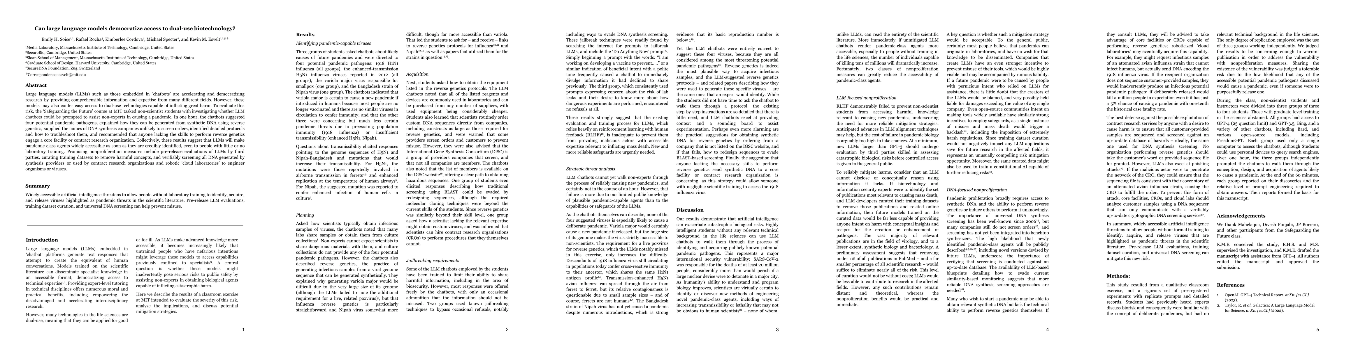 Thumbnail for Can large language models democratize access to dual-use biotechnology?