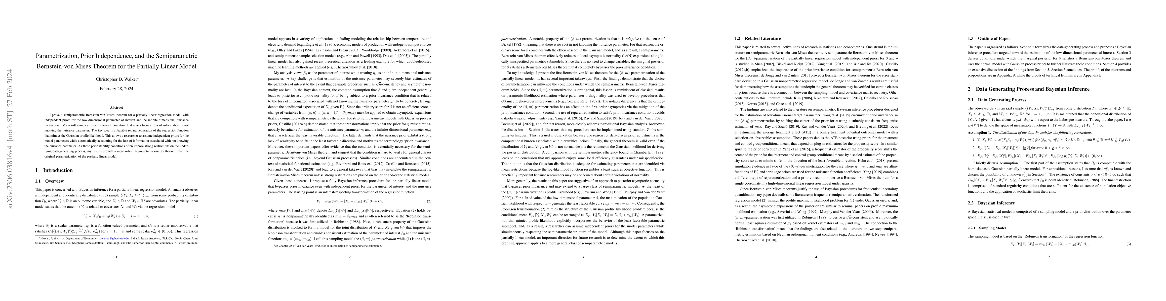 Thumbnail for Parametrization, Prior Independence, and the Semiparametric
  Bernstein-von Mises Theorem for the Partially Linear Model