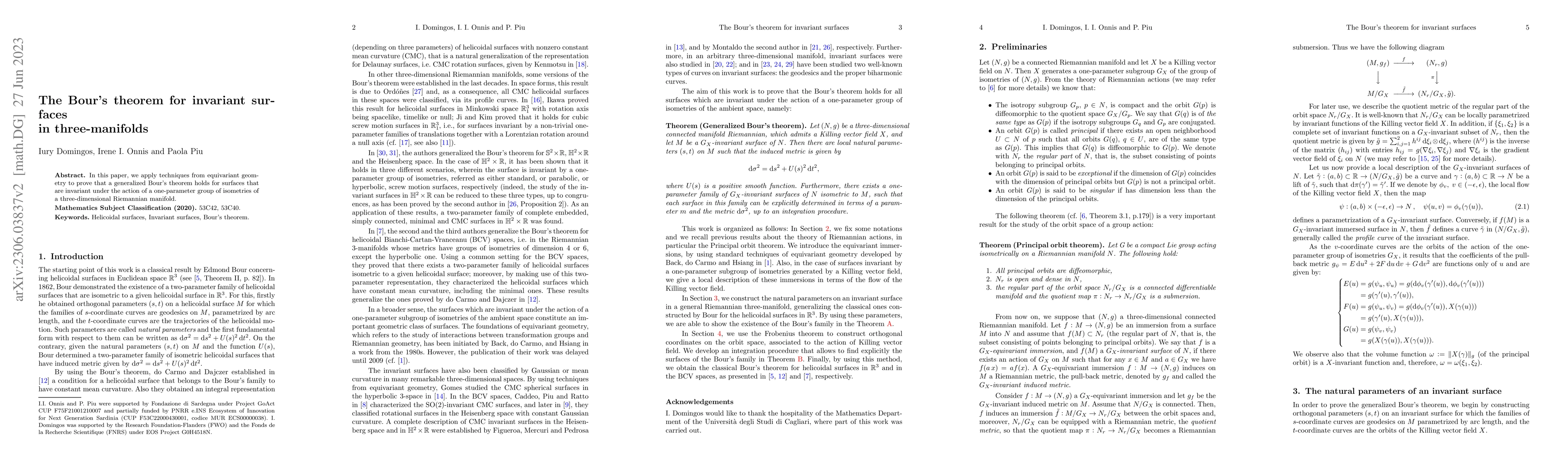 Thumbnail for The Bour's theorem for invariant surfaces in three-manifolds