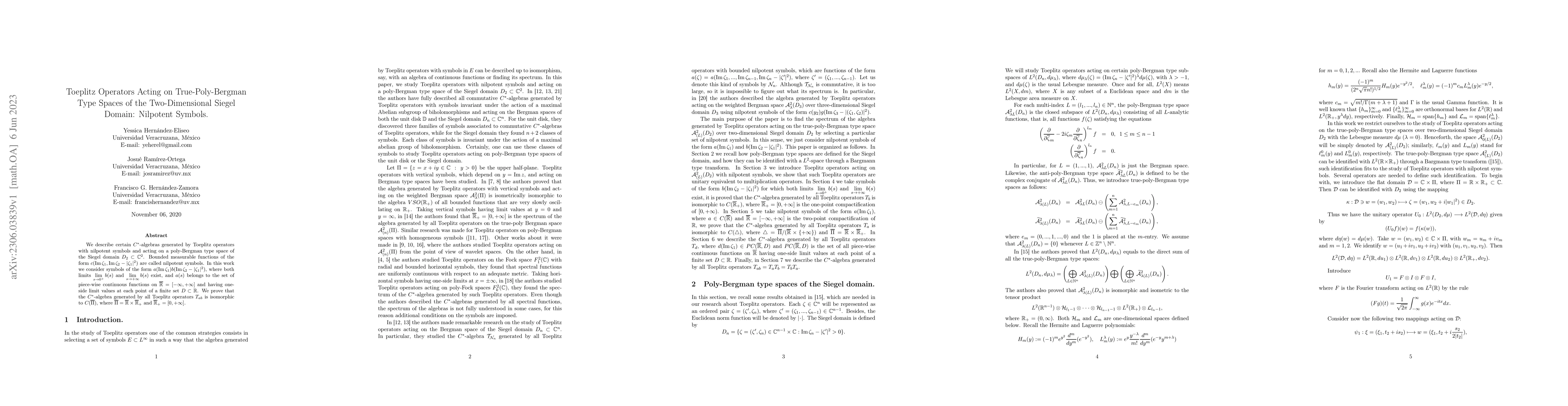 Thumbnail for Toeplitz Operators Acting on True-Poly-Bergman Type Spaces of the
  Two-Dimensional Siegel Domain: Nilpotent Symbols