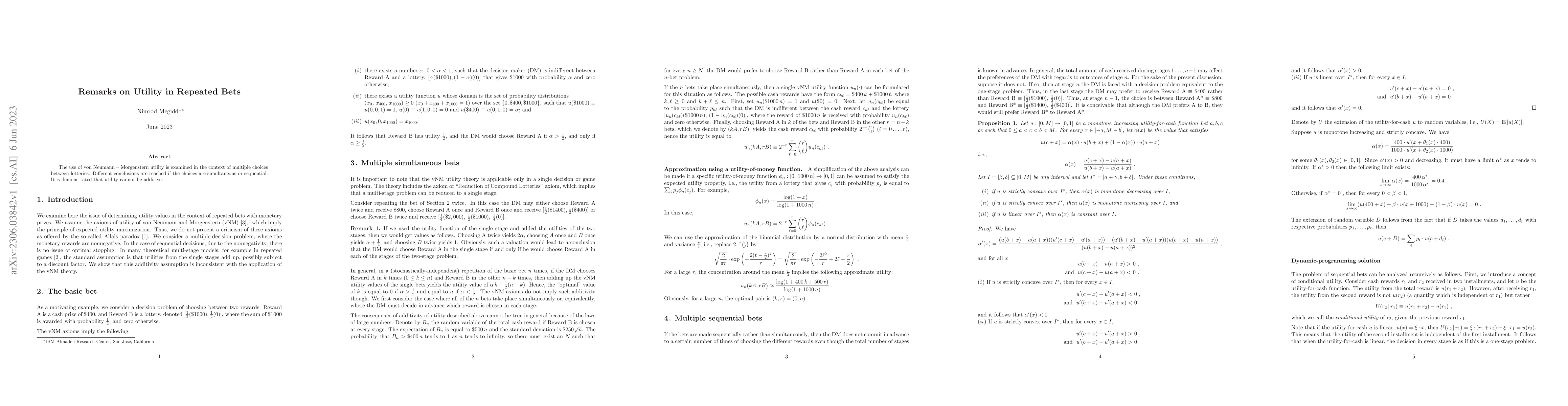 Thumbnail for Remarks on Utility in Repeated Bets