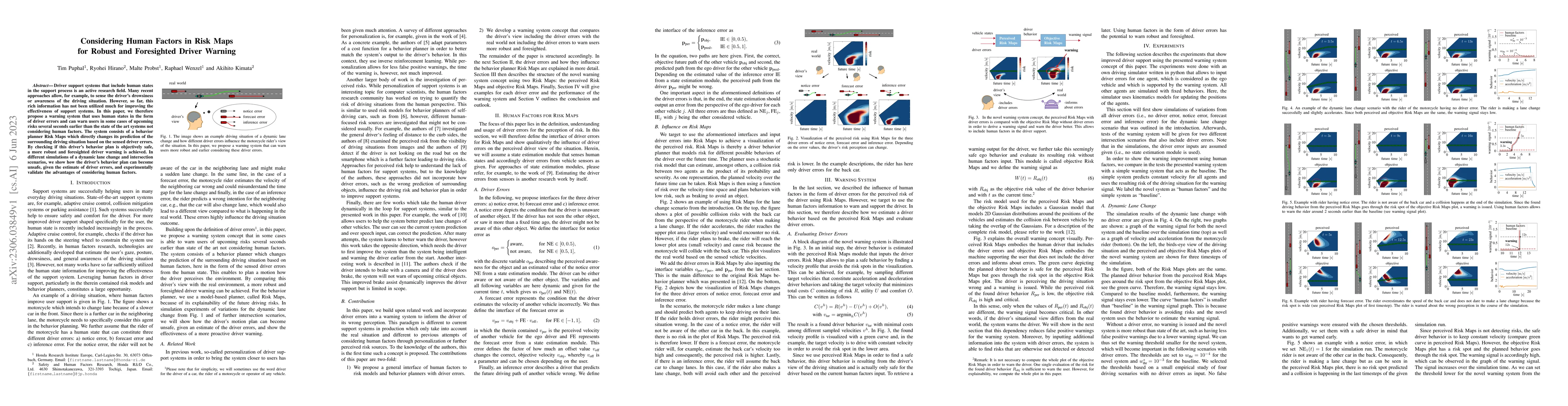 Thumbnail for Considering Human Factors in Risk Maps for Robust and Foresighted Driver
  Warning