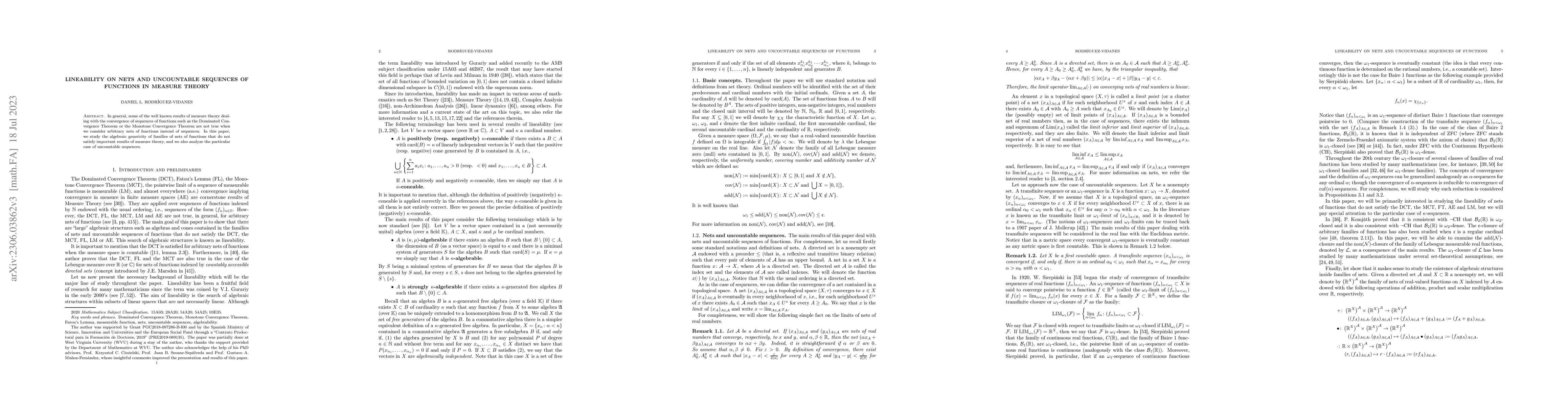 Thumbnail for Lineability on nets and uncountable sequences of functions in measure
  theory