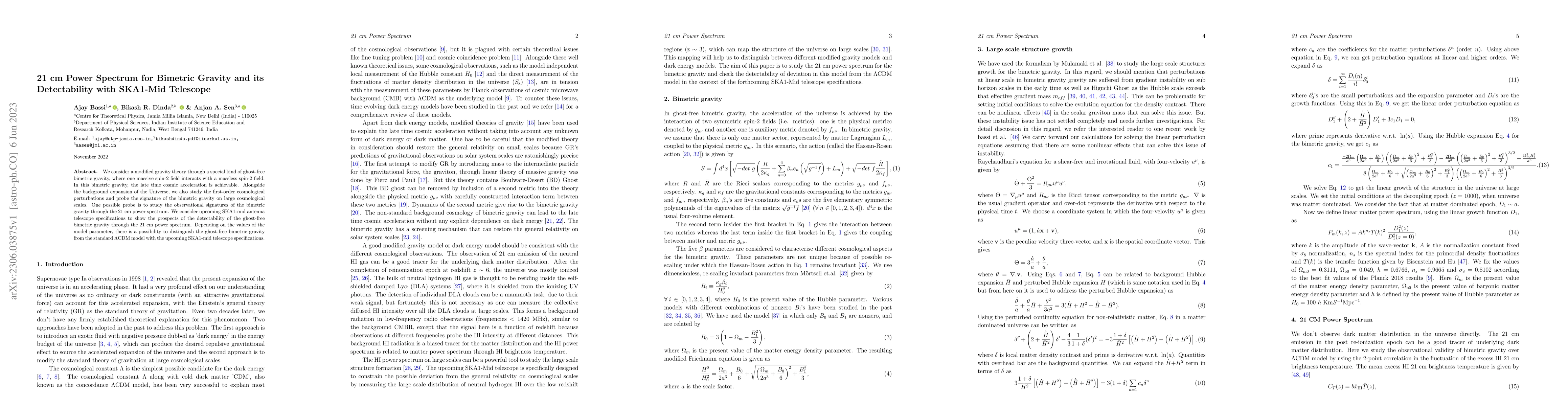 Thumbnail for 21 cm Power Spectrum for Bimetric Gravity and its Detectability with
  SKA1-Mid Telescope