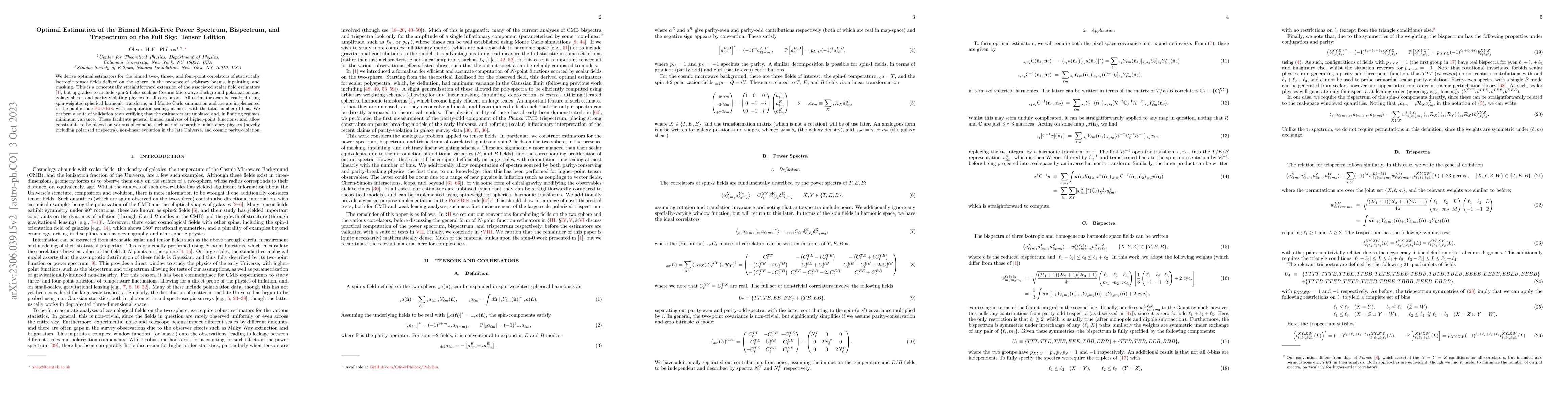 Thumbnail for Optimal Estimation of the Binned Mask-Free Power Spectrum, Bispectrum,
  and Trispectrum on the Full Sky: Tensor Edition