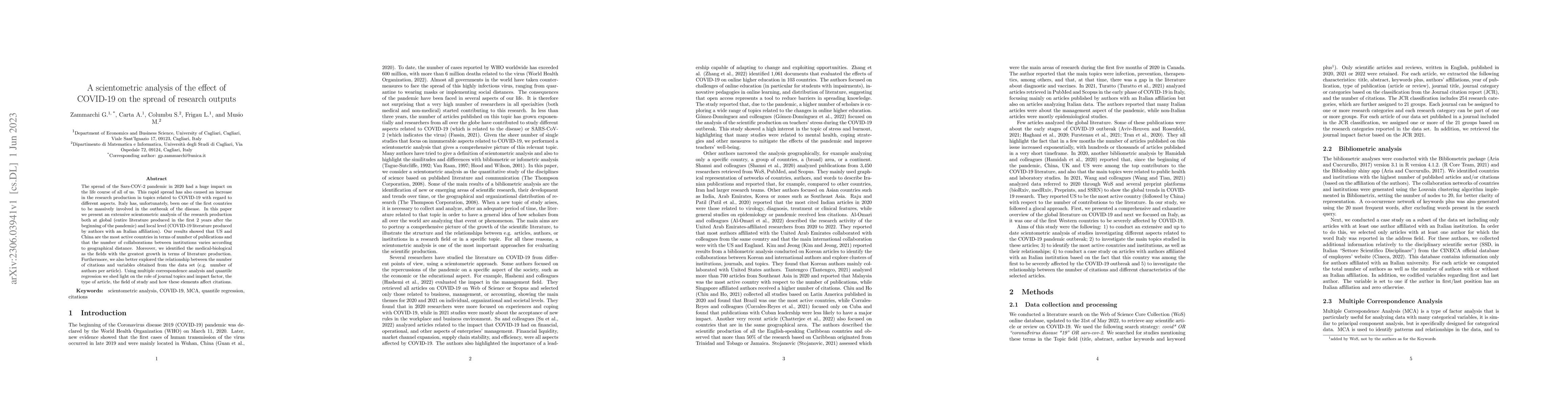 Thumbnail for A scientometric analysis of the effect of COVID-19 on the spread of
  research outputs