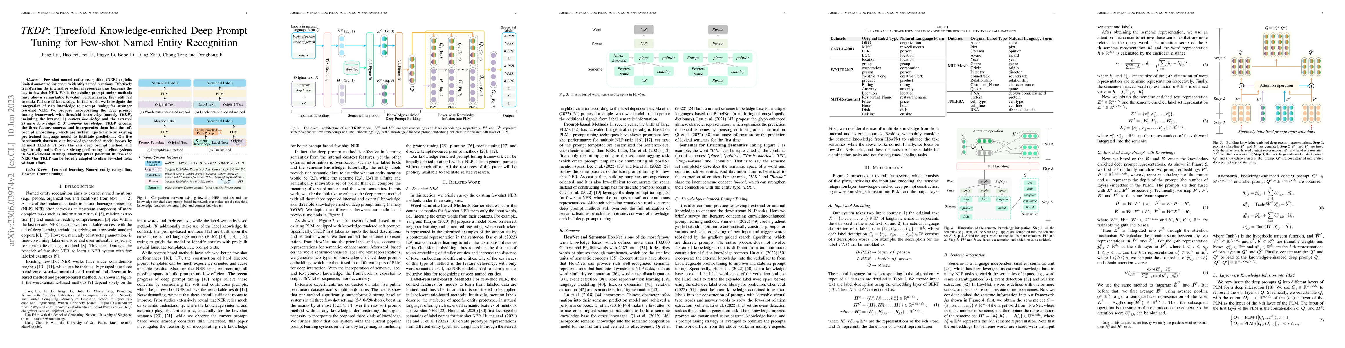 Thumbnail for TKDP: Threefold Knowledge-enriched Deep Prompt Tuning for Few-shot Named
  Entity Recognition
