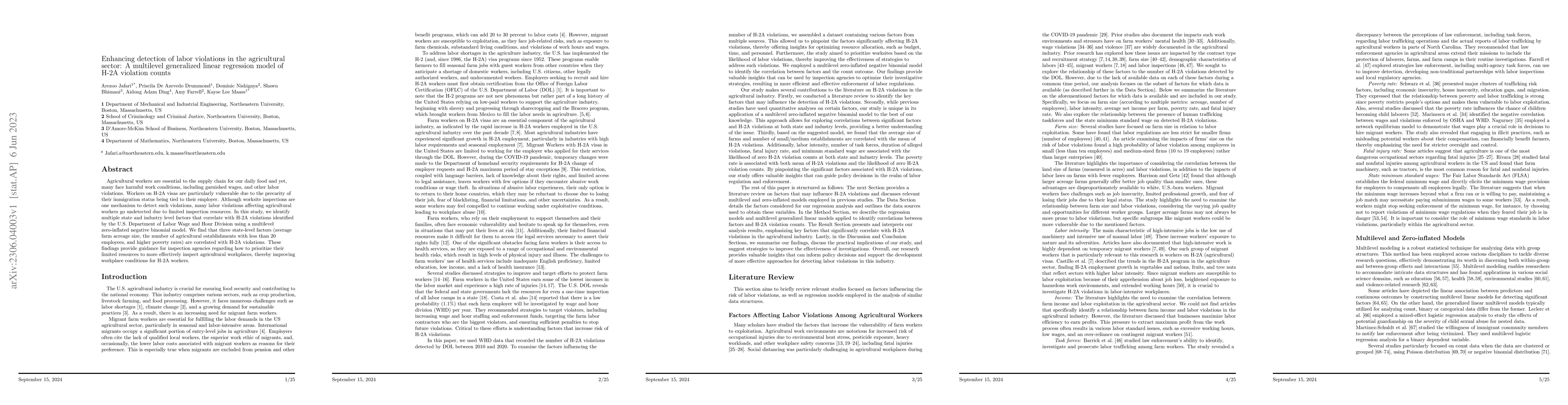 Thumbnail for Enhancing detection of labor violations in the agricultural sector: A
  multilevel generalized linear regression model of H-2A violation counts