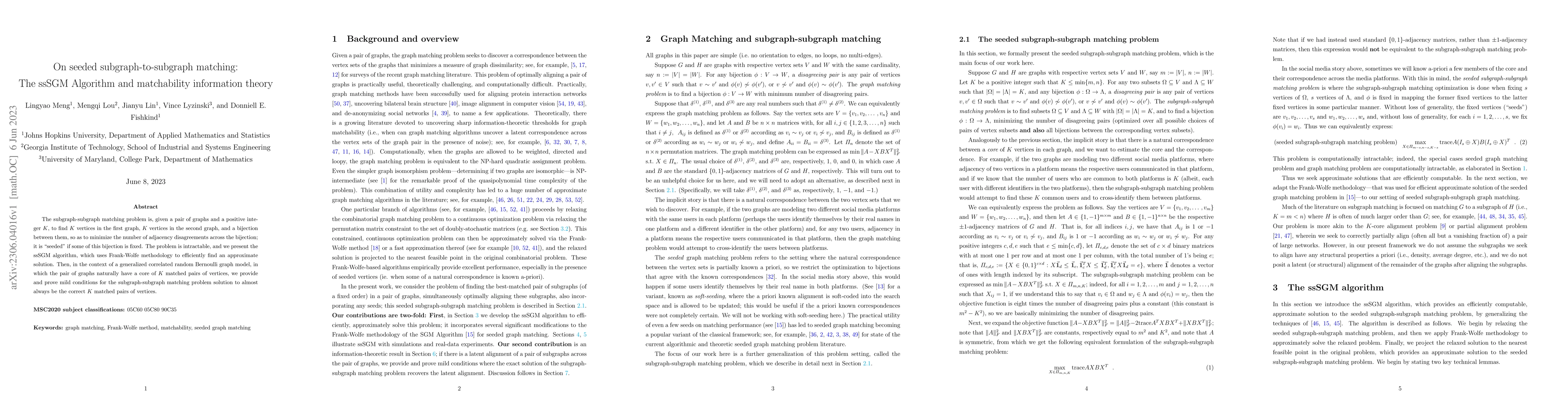 Thumbnail for On seeded subgraph-to-subgraph matching: The ssSGM Algorithm and
  matchability information theory