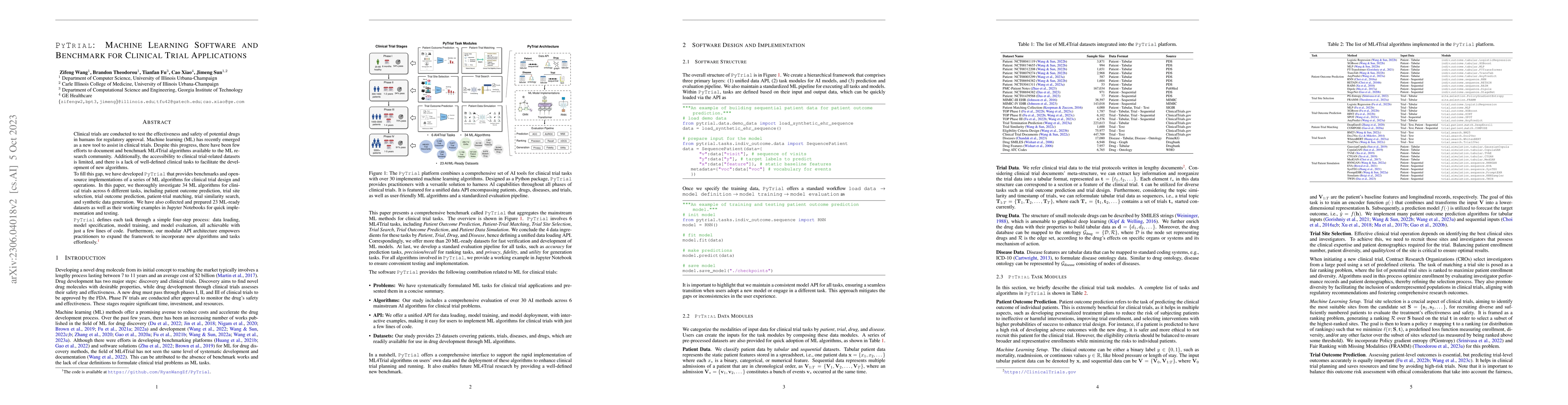 Thumbnail for PyTrial: Machine Learning Software and Benchmark for Clinical Trial
  Applications