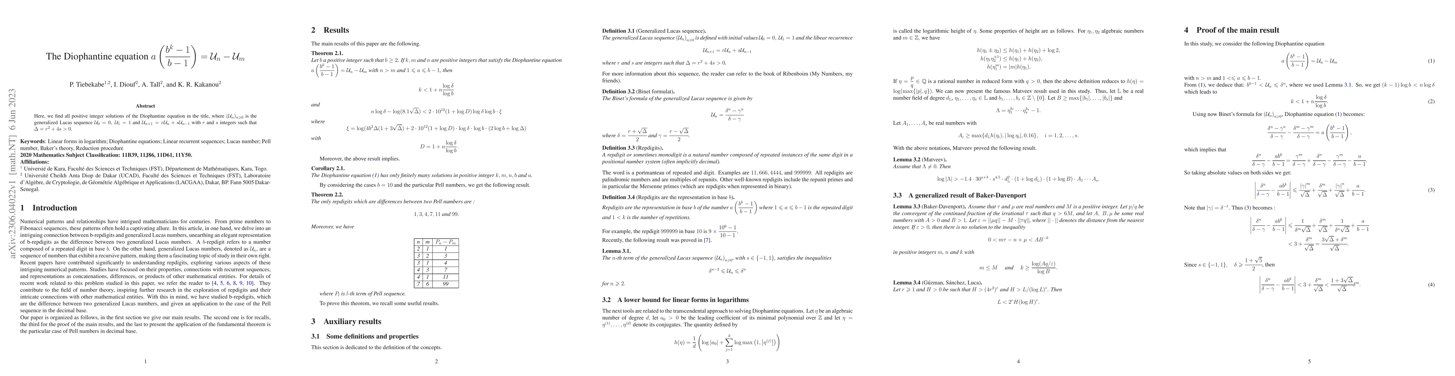 Thumbnail for The Diophantine equation $a \left(\frac{b^k-1}{b-1}\right) =
  \mathcal{U}_n-\mathcal{U}_m$